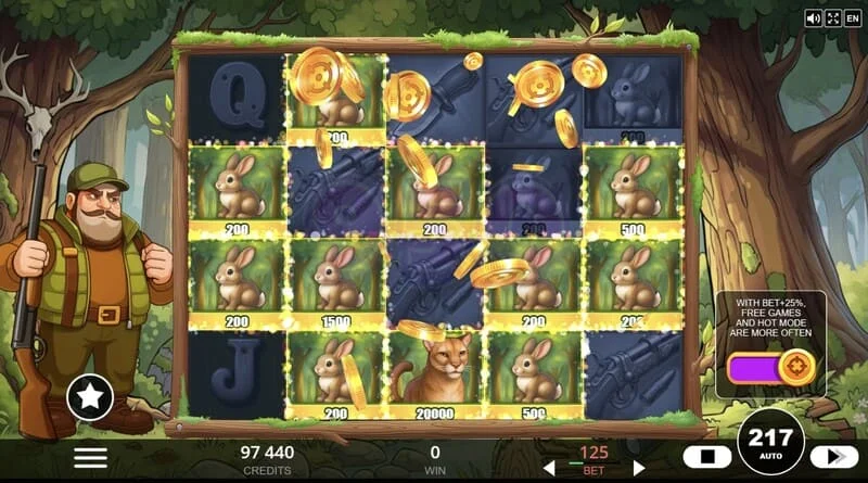 Hunt the Bucks - ızgarada Hunter-Wild, Scatter ve Animal Credit özel sembolleri